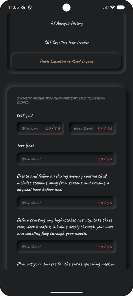 MindActions screen comparing logged Actions with mood check-ins