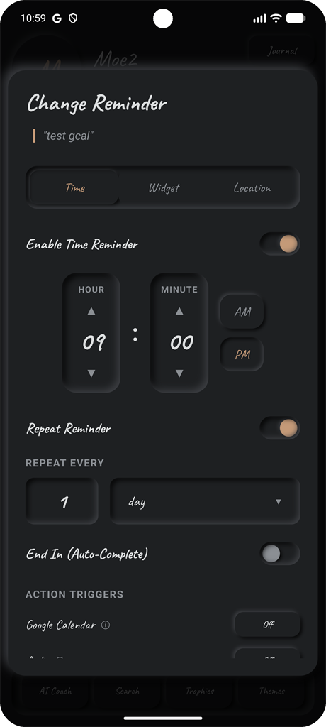 MindActions reminder settings with time and repeat controls