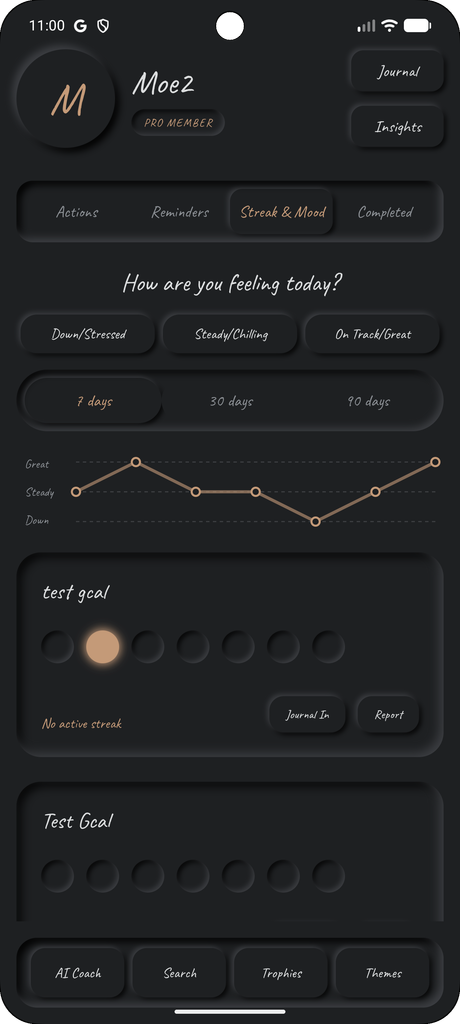 MindActions streak and mood screen